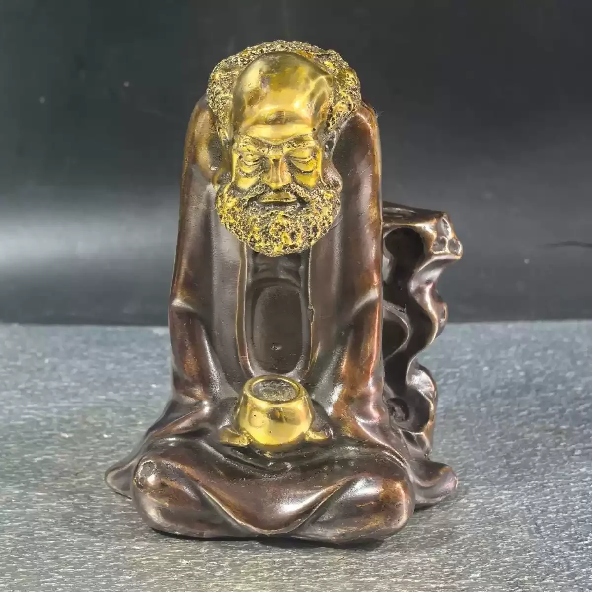 Vintage Gilt Brass Dharma Patriarch Statue Backflow Incense Burner Chinese Bodhidharma Censer Zen Home Desktop Ornament Decor