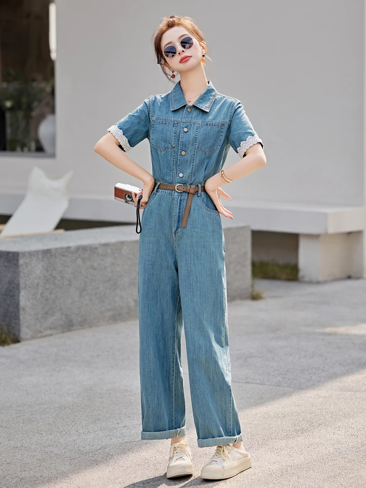 Faionable National Sle pantalones de una pieza para mujer verano 2025 nueva perla Denim seco mono con cuello de pierna ancha