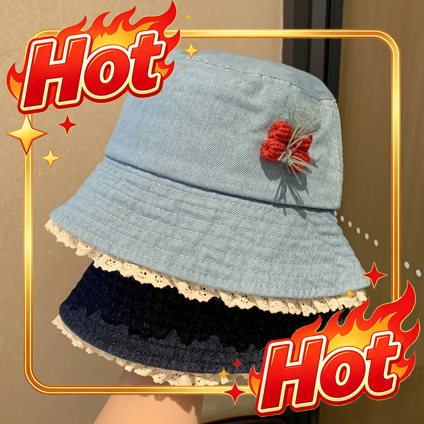 Custom Hat Lace-Edged Washed Bucket Hat, Versatile for Spring And Summer, Flattering for The Face, Trendy Fisherman Style