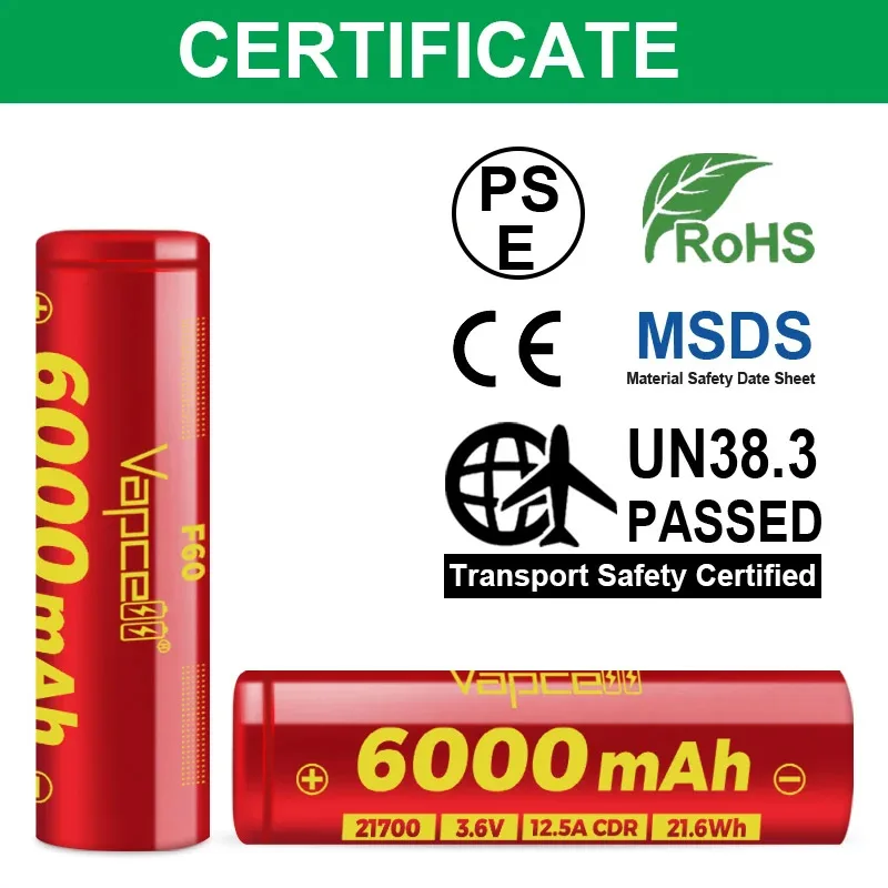 Highest Capacity Vapcell 21700 Battery 6000mAh 12.5A 3.7V F60 Rechargeable lithium-ion Batteries For VapeMod Flashlight UAV Toys