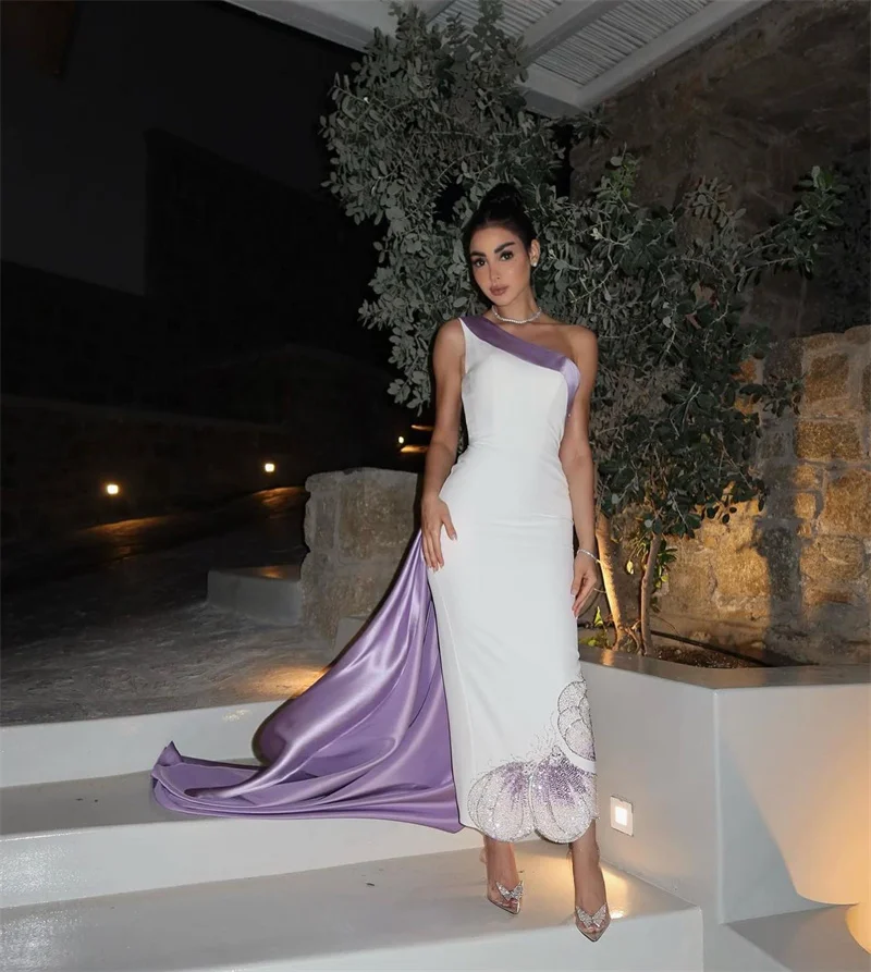 LISM Dubai Arabic Women Mermaid Evening Dresses White And Purple Sparkly Butterfly Sequin Ankle Length Mini Formal Prom Dress