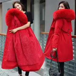 Winter Women Jacket Furry Hood Long Sleeves Pockets Knee Length Plus Size Zipper And Button Closure Thick Plush Lining Cotton Co