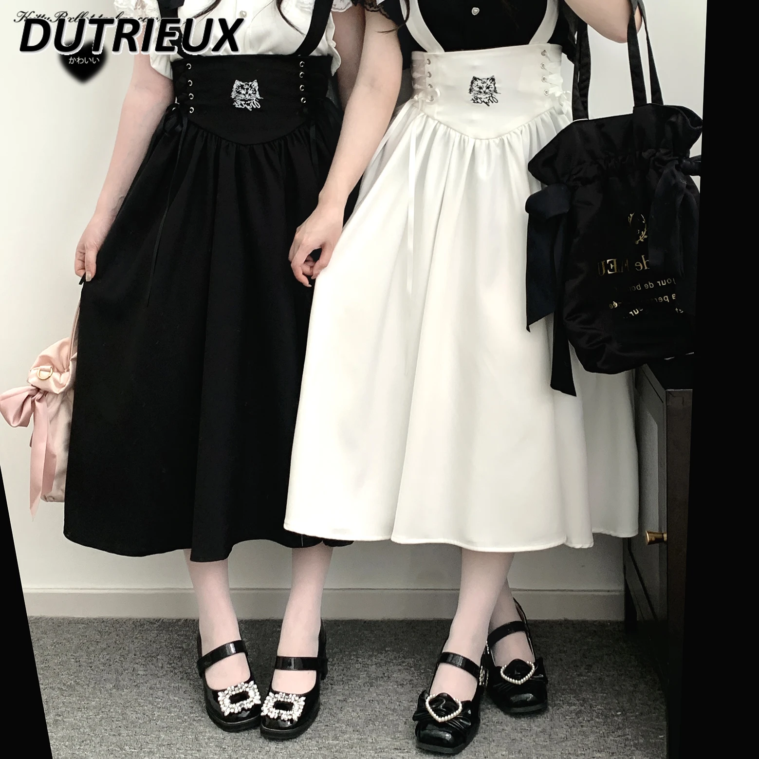 

Japanese Mass- Produced Sweet Girl Strap Fly-sleeved Long Skirt Spring and Summer Versatile Solid Color High-waisted Maxi Skirts