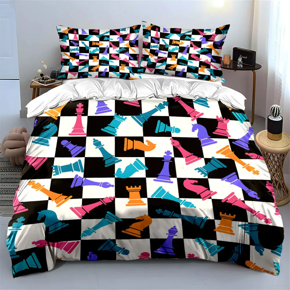 Chess Chessboard with colorful pieces Print Soft Comfortable Duvet Cover Bedding Set Included 1*Duvet Cover  2*Pillowcases