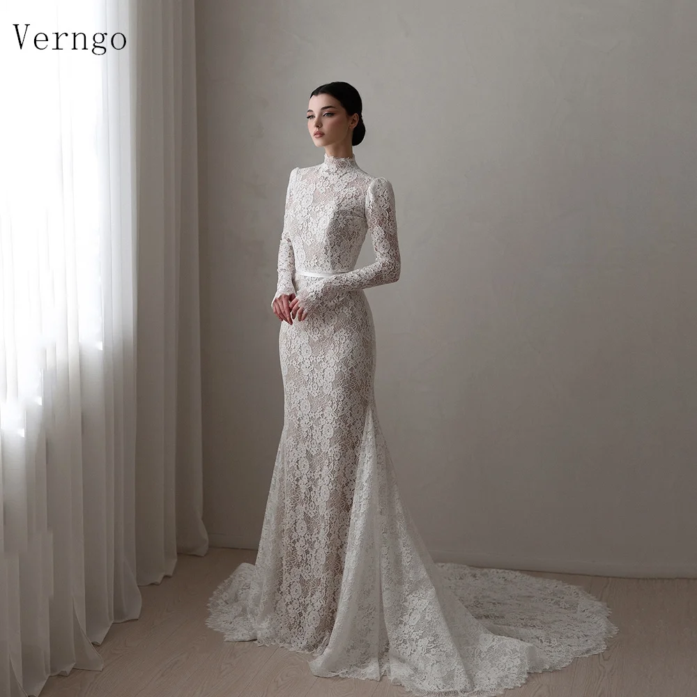 

Verngo Lace Elegant Weddiong Dress High Neck Full Sleeves Mermaid Bridal Gowns Sweap Train Modest Bride Dress Customized