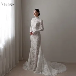 Verngo Lace Elegant Wedding Dress High Neck Full Sleeves Mermaid Bridal Gowns Sweap Train Modest Bride Dress Customized