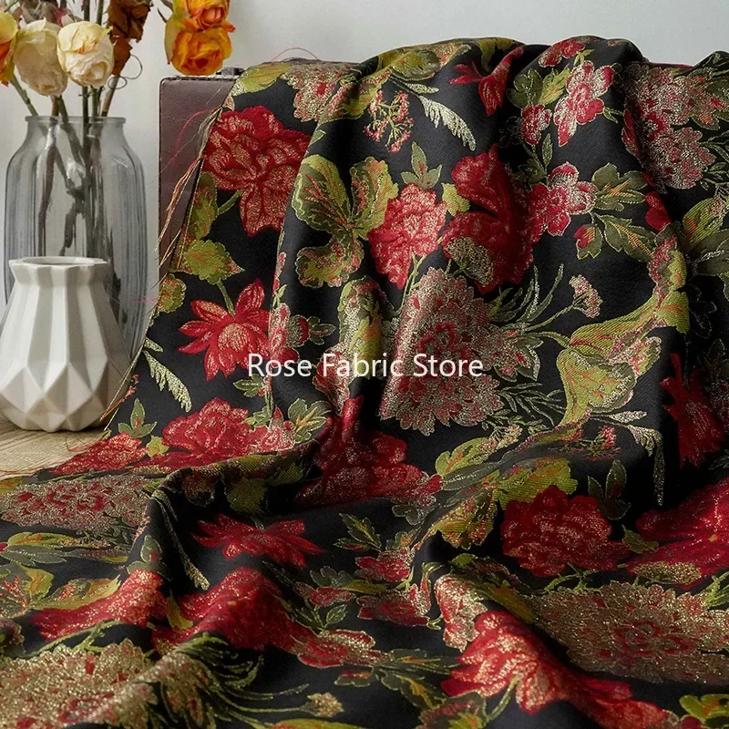 1 meter Embossed Gold Silk Flower Jacquard Fabric Autumn Winter Pastoral Dress Suitcase DIY Sewing Fabric
