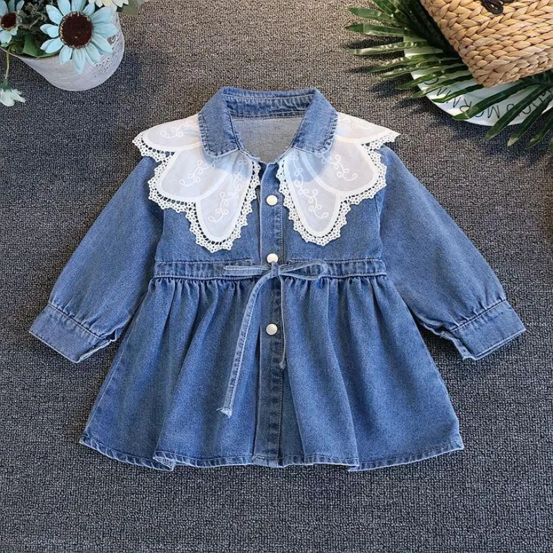 

Girls' Spring and Autumn Dress New 2025 Korean Edition Children's Fashion Collar Long Sleeve Denim Skirt