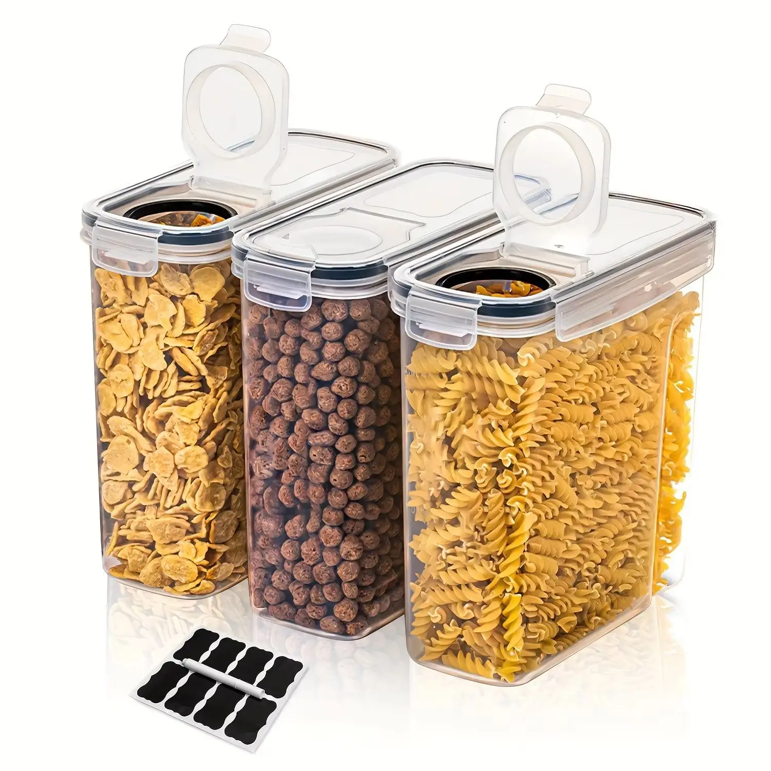 Set of 3 2.5L/4L Sealed Grain Storage Containers Clear PP Kitchen Storage Boxes Fresh-keeping Buckets with Pen Labels