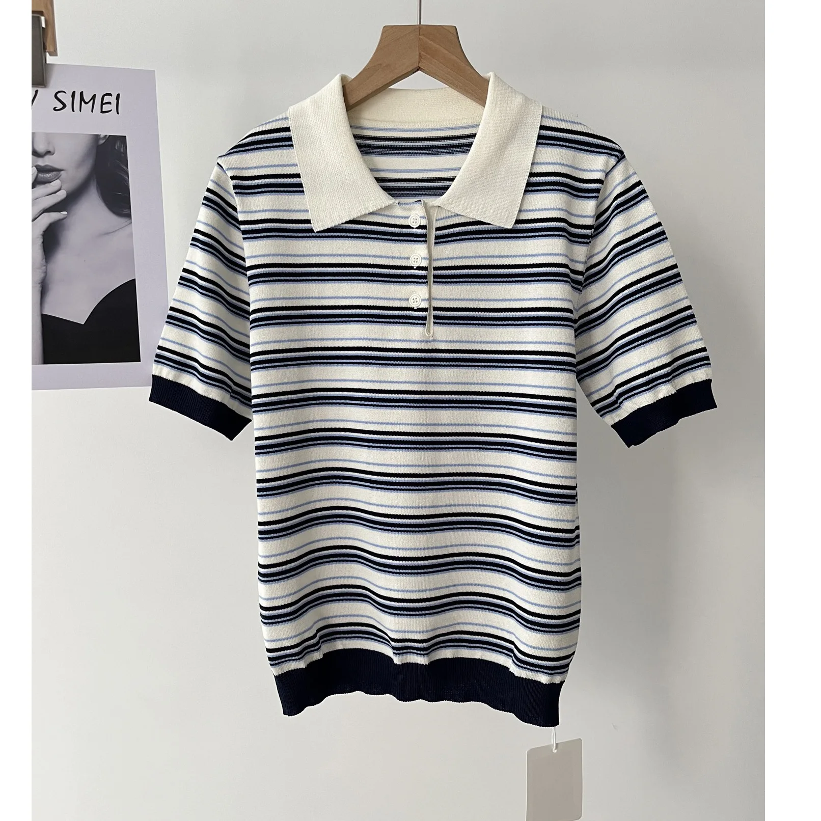 

Women's Autumn Pullover Striped POLO Neck Knitted Sweater Short Sleeve 51c-1121