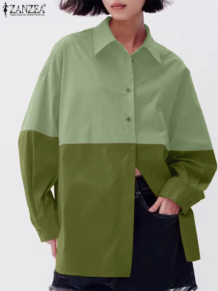 

ZANZEA Women Colorblock Shirts Casual Loose Streetwear Blusas Fashion Lapel Collar Tops 2025 Spring Long Sleeve Tunics Tops