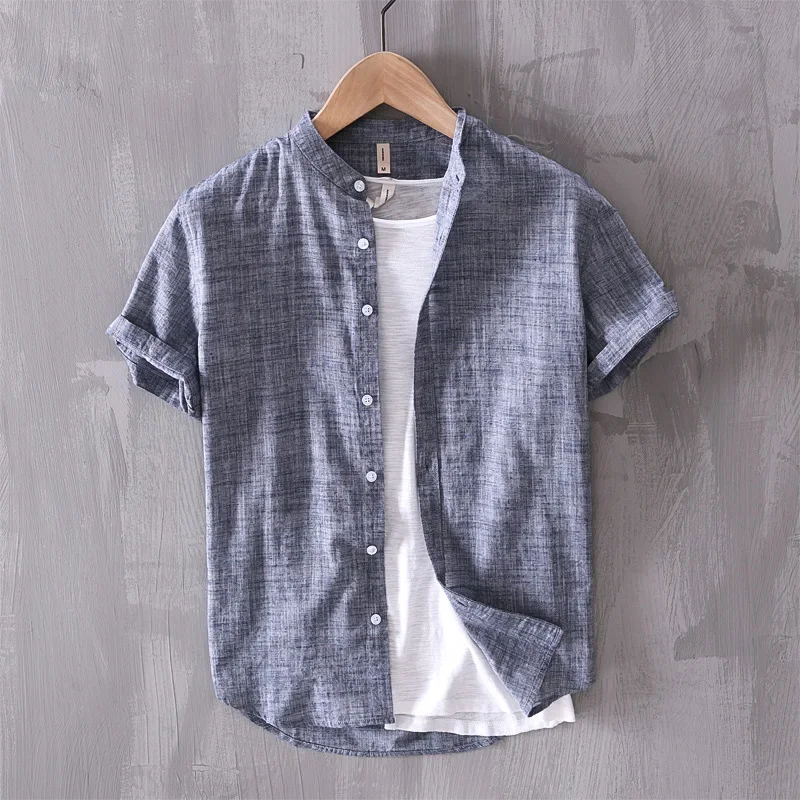 Summer Short Sleeve Men's Shirts Beach Harajuku Shirt Causal Pure Cotton Stand Collar Button Up Shirt Men Simple Versatile Top