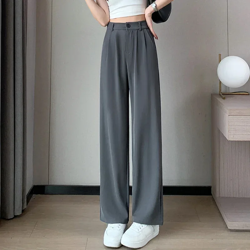 Lockere, gerade geschnittene Freizeithose im japanischen Stil mit hoher Taille und weitem Bein, Freizeithose im Denim-Stil für Hosen.