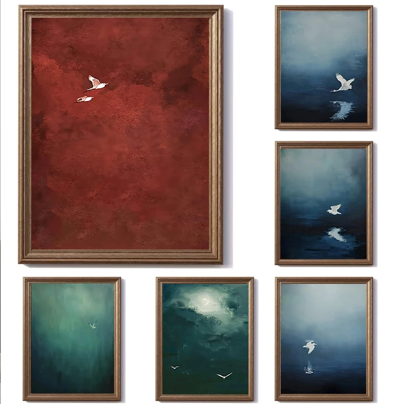 Pintura en Lienzo de Aves Voladoras Vintage, Póster Abstracto Surrealista de Cielo y Garza, Arte Minimalista para la Entrada, Sala de Estar