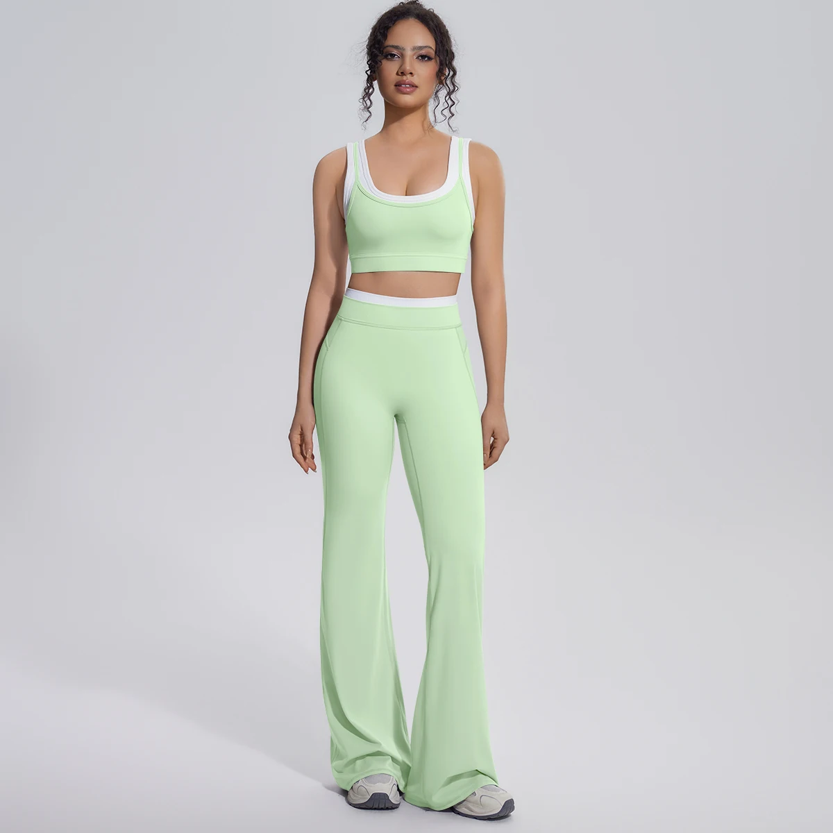 Neues Farbblock-Set mit Schönem Rücken-Yoga-BH und Weiten Hosen für Sommer, Fitness, Laufen und Workout, Hochelastisches, Lockeres Schlaghosen-Oberteil – Detail 29