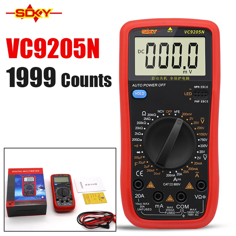 SDKY Digital Multimeter  VC9205N 2000 Counts AC/DC Voltage Current Tester Electrical Test Meter Profesional Analog Multimetro