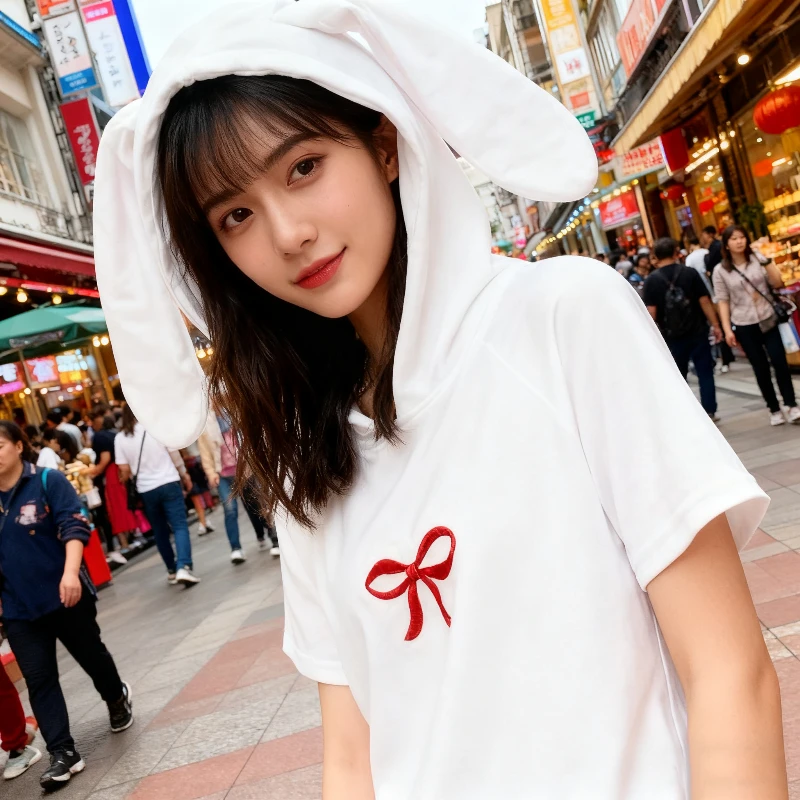 

Модная футболка с открытым пупком, облегающая юбка до бедра, комплект с бантом, эстетическое ухо, женская повседневная женская белая футболка, короткая