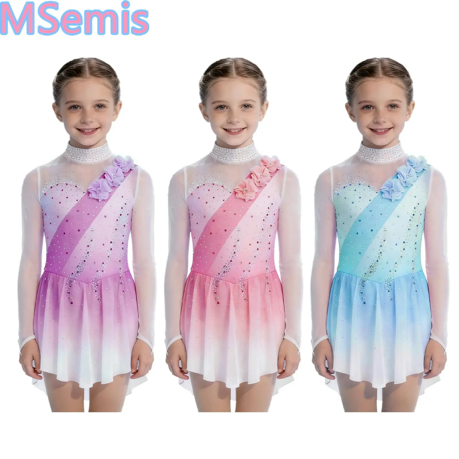 Kids Girls 3D Flowers Dance Dress Figure Skating Mock Neck Sheer Mesh Patchwork Long Sleeves Rhinestones Gradient Color Dress