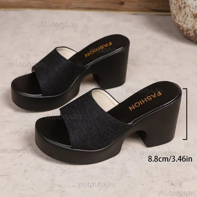 Women's Denim High Heel Mule Slippers Chunky Block Heel Slide Sandals Open Toe Casual Summer Fashion Shoes Zapatos De Mujer view 3