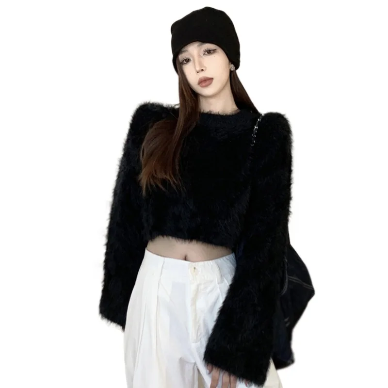 Korean Version Round Neck Sweater Solid Color Sweet Casual Versatile Imitation Mink Velvet Long Sleeved Pullover Sweater