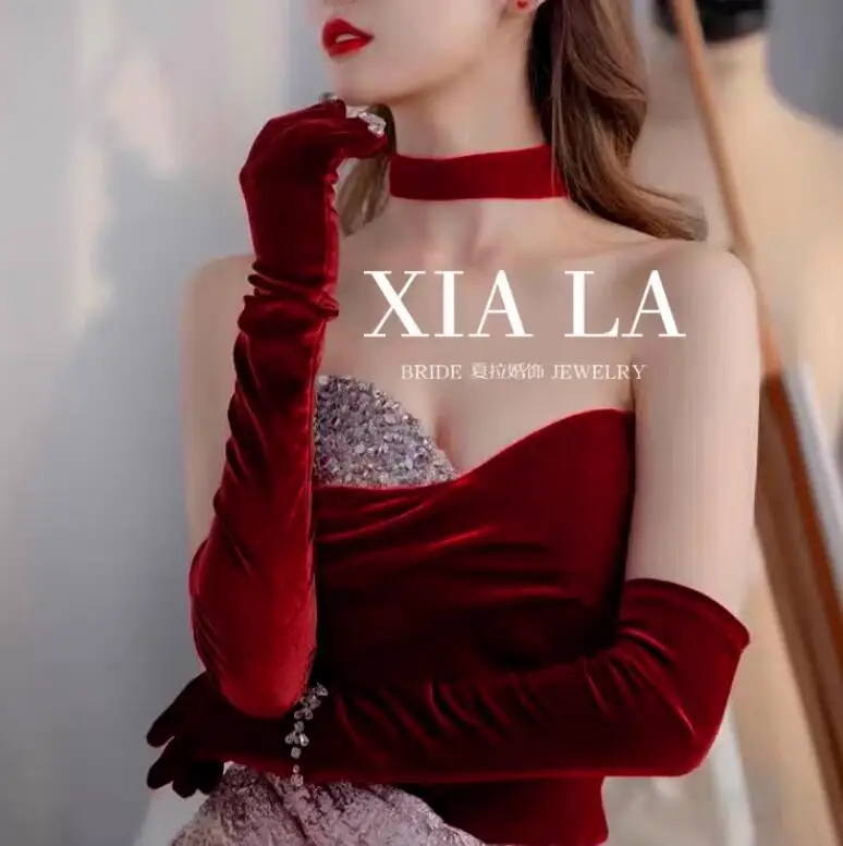 

Christmas Vintage Wine Red Dress Gloves Satin Velvet Evening Gloves Photography Studio Wedding Cocktail Dress Accessories