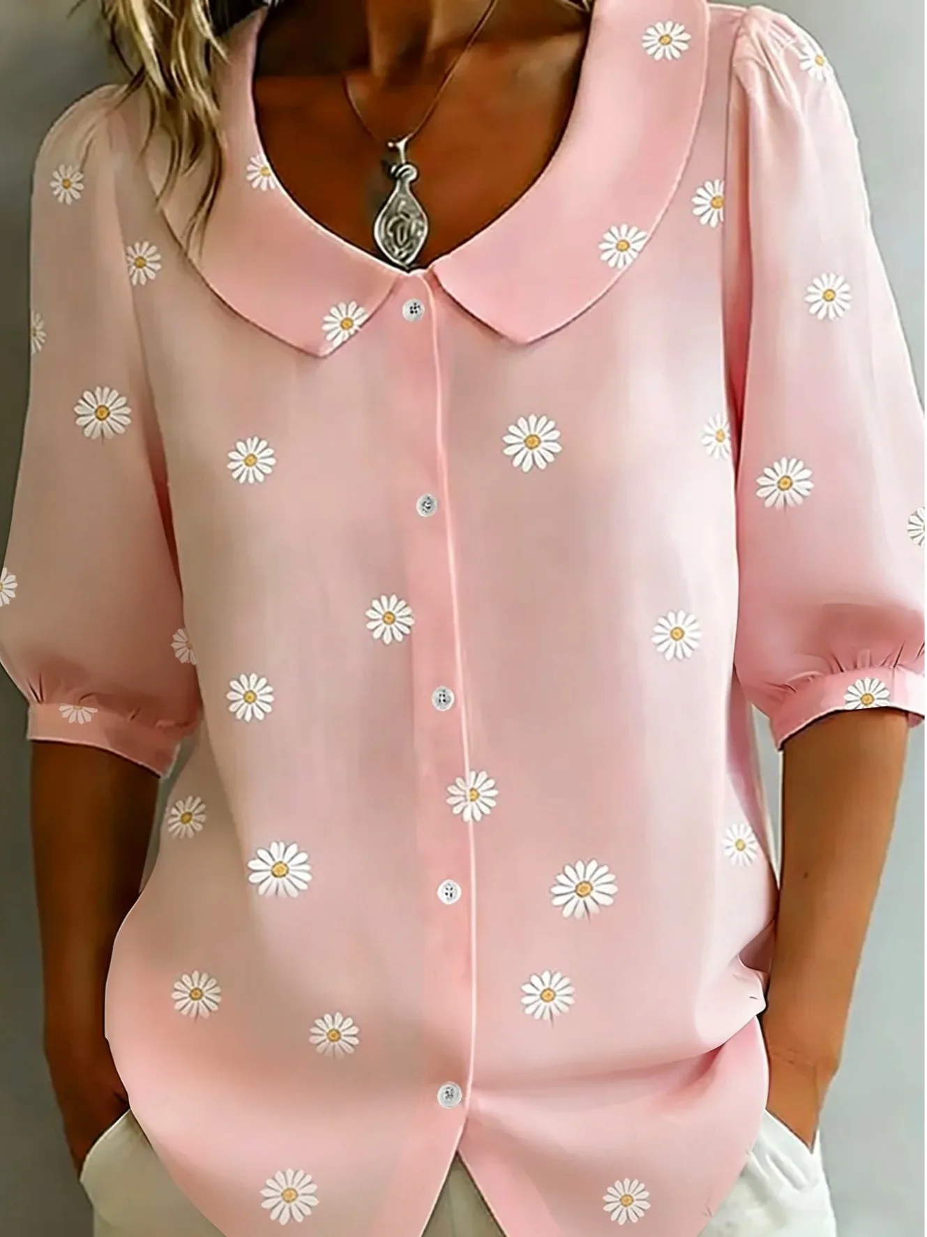 

Sweet Summer New Fashion Doll Collar Print Single Button Casual Shoulder Five Sleeve Shirt Women's Top Polyester Fiber Straig...