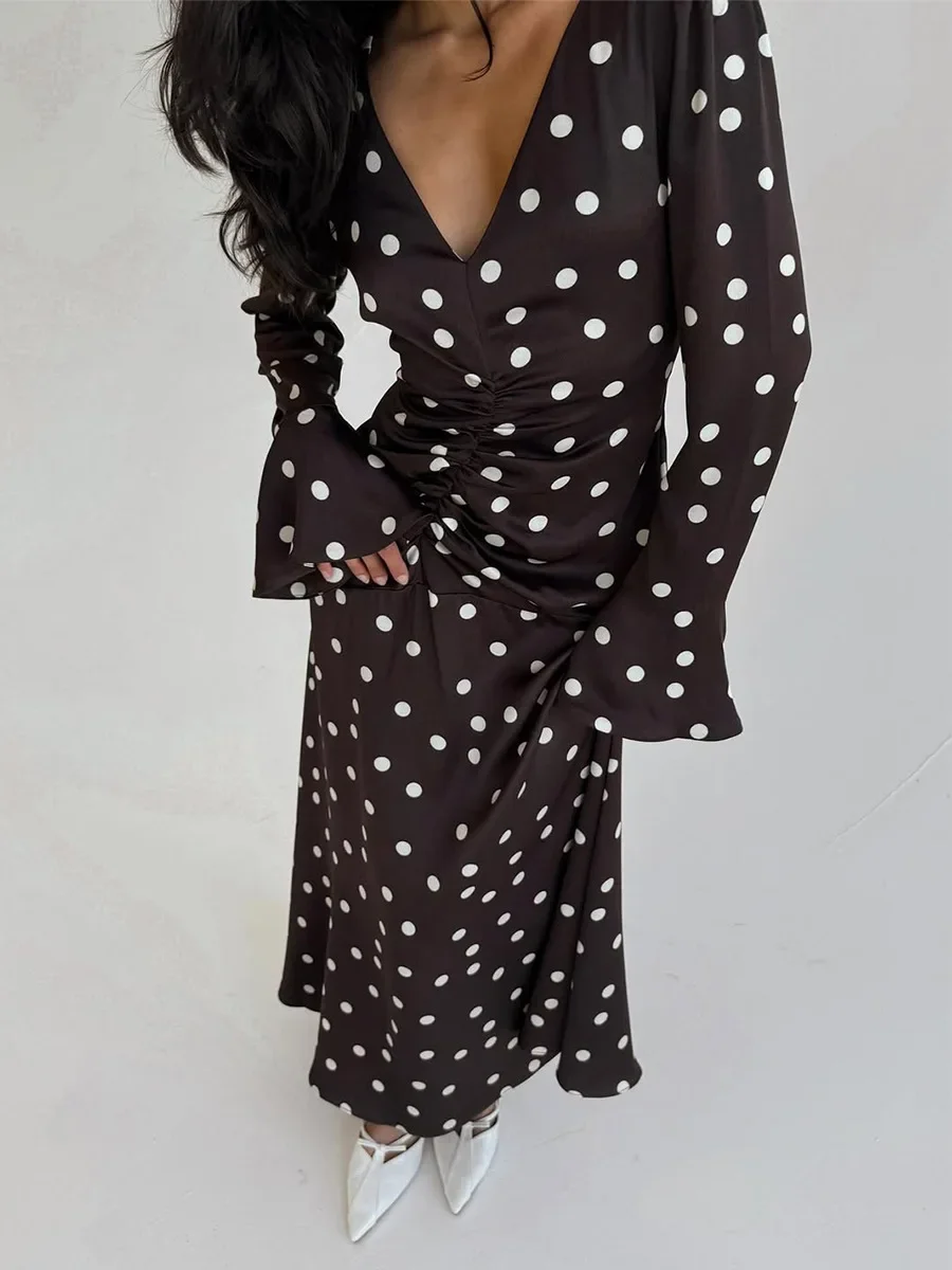 

Women's Summer New Polka Dot Long Sleeve Dress Slim Fit Ruched V Neck Flared Sleeve Waist Dress