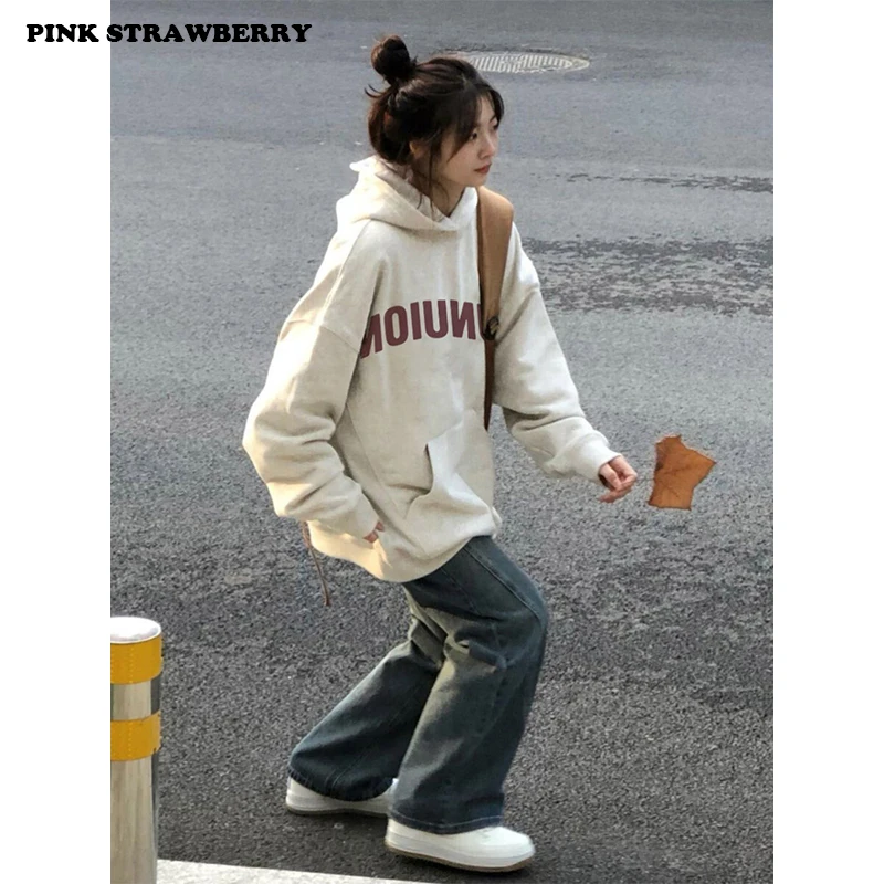 Felpe con cappuccio con stampa di lettere in stile coreano Donna Uomo Autunno Inverno 2025 Nuovo pullover ampio bianco Y2K Top Felpa calda Donna