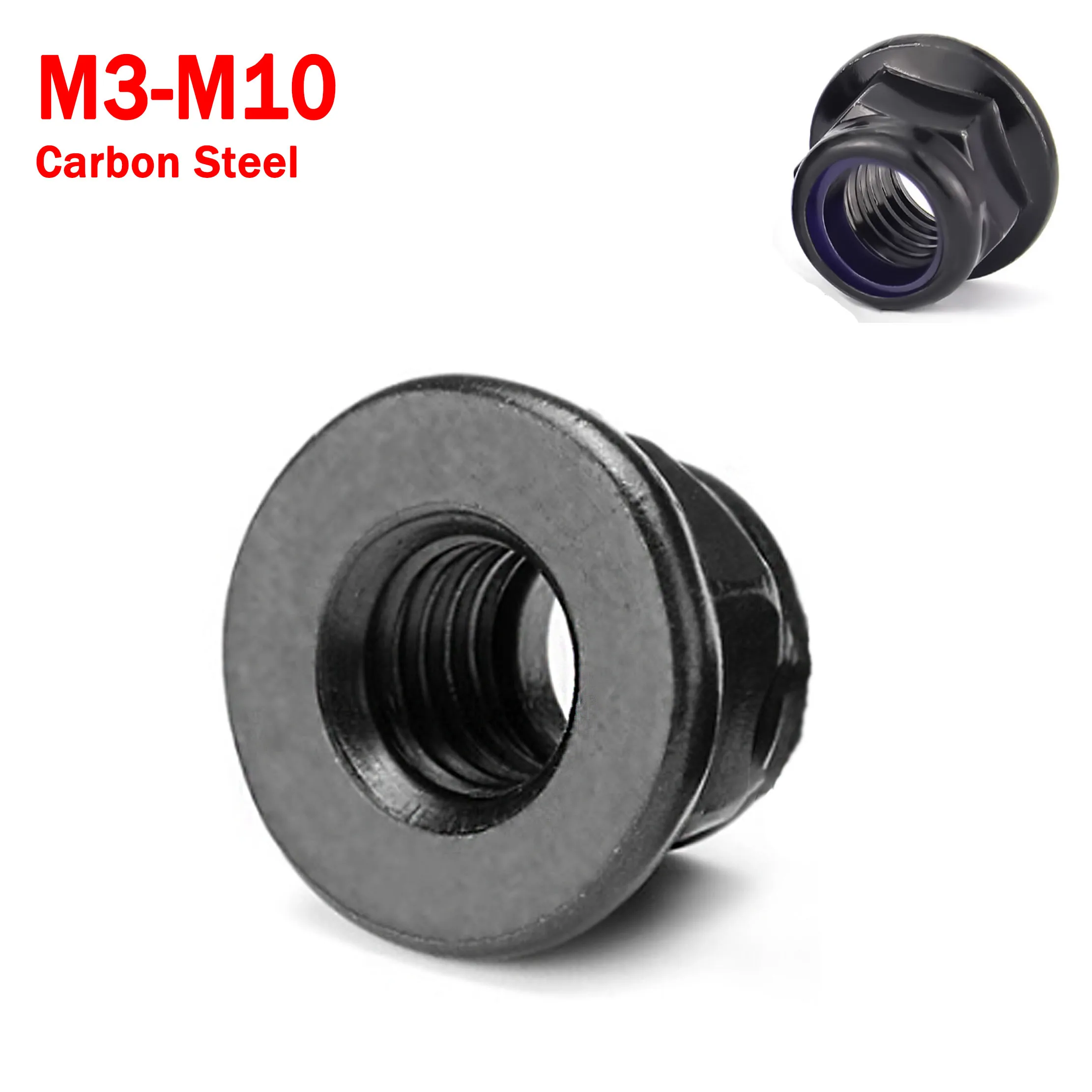 M3 M4 M5 M6 M8 M10 Black Carbon Steel Hex Hexagon Flange Nylon Insert Lock Nut Self-locking Nylock Locknut