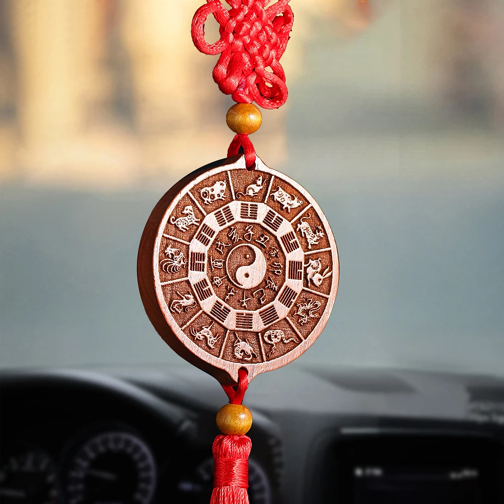 Peach Wood Tai Chi ChineseZodiac Decor Car Wall Hanging Wicca Pendulum Feng Shui Anti Evil Amulet Tassel Taoism Knot Craft