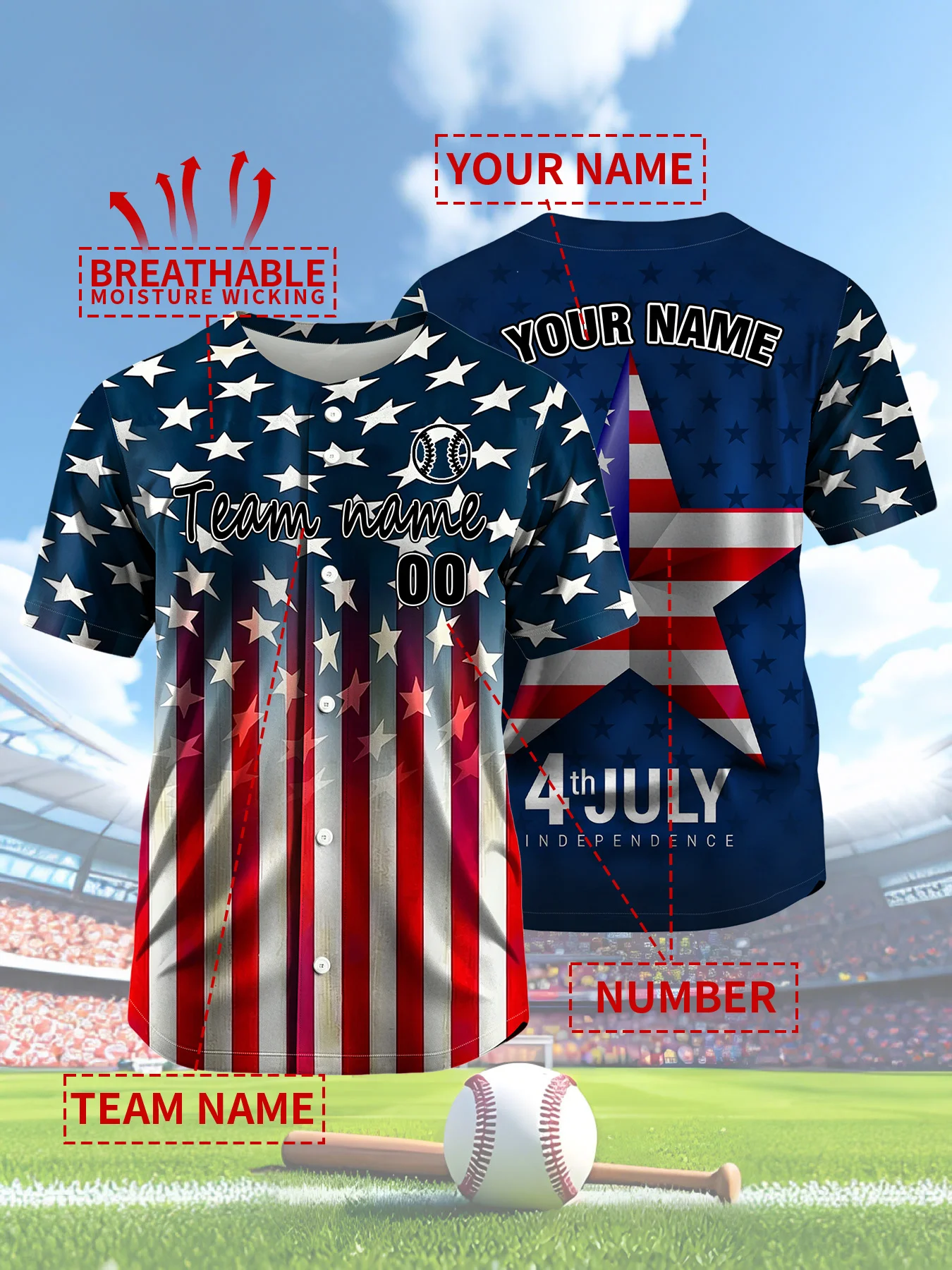 

Custom USA Flag Baseball Jersey Breathable Moisture Wicking Independence Day Sports Shirt Personalized Team Unifor