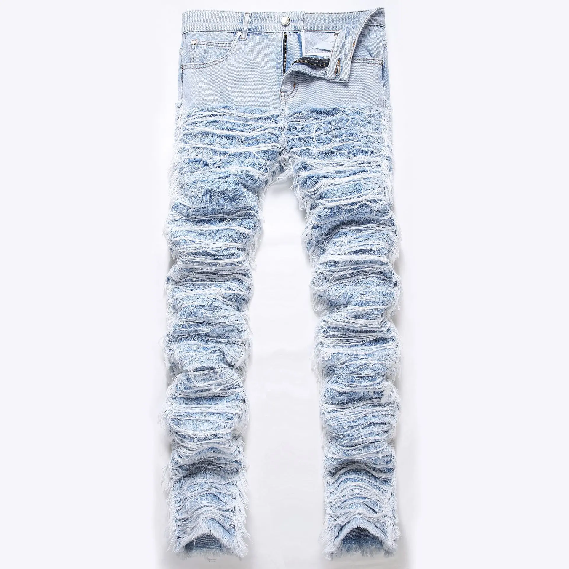 Men's Loose Fringed Embroidered Jeans, Street Trendy Stacked Heavy Industry Cut Hair Denim Trousers