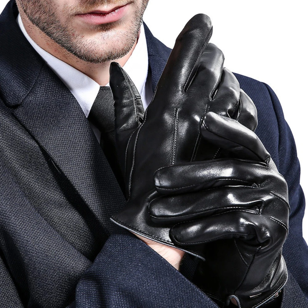 

Men's Goatskin Gloves Fashion Simple Wool Lining Autumn and Winter Velvet Warm Cycling Car Driving Touchscreen Gloves