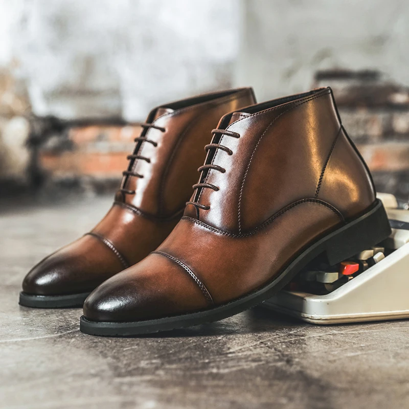 2026 Men's Vintage High Top Leather Ankle Boots Lace Up Work Dress Shoes Single Lined & Fleece Lined Optional Big Size 38-46