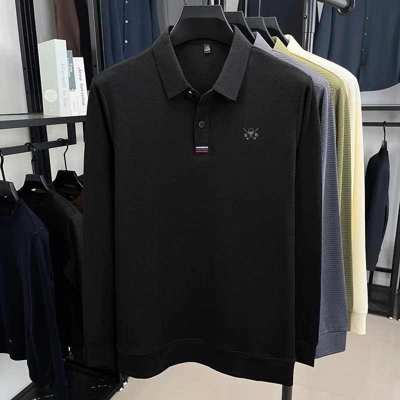 Neues Herren-Polohemd mit modischem Print, Original Frühling-Herbst, warmes, einfarbiges Langarm-T-Shirt, bequem für den Alltag, Büro, Herrenbekleidung – Detail 5
