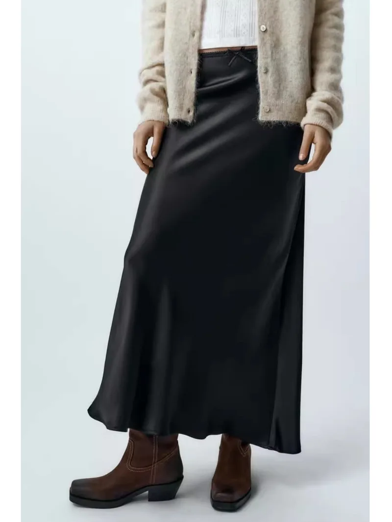 

Women Fashion 2025 Spring New Satin Texture Bow Decoration Vintage Chic Female High Waist H Line Long Skirts Mujer 1TB9