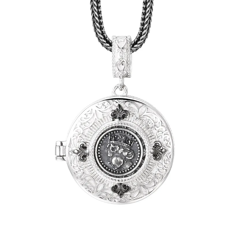

925 Sterling Silver Vintage Queen Side Portrait Pendant with Iris Floral Design Gothic Antique Necklace