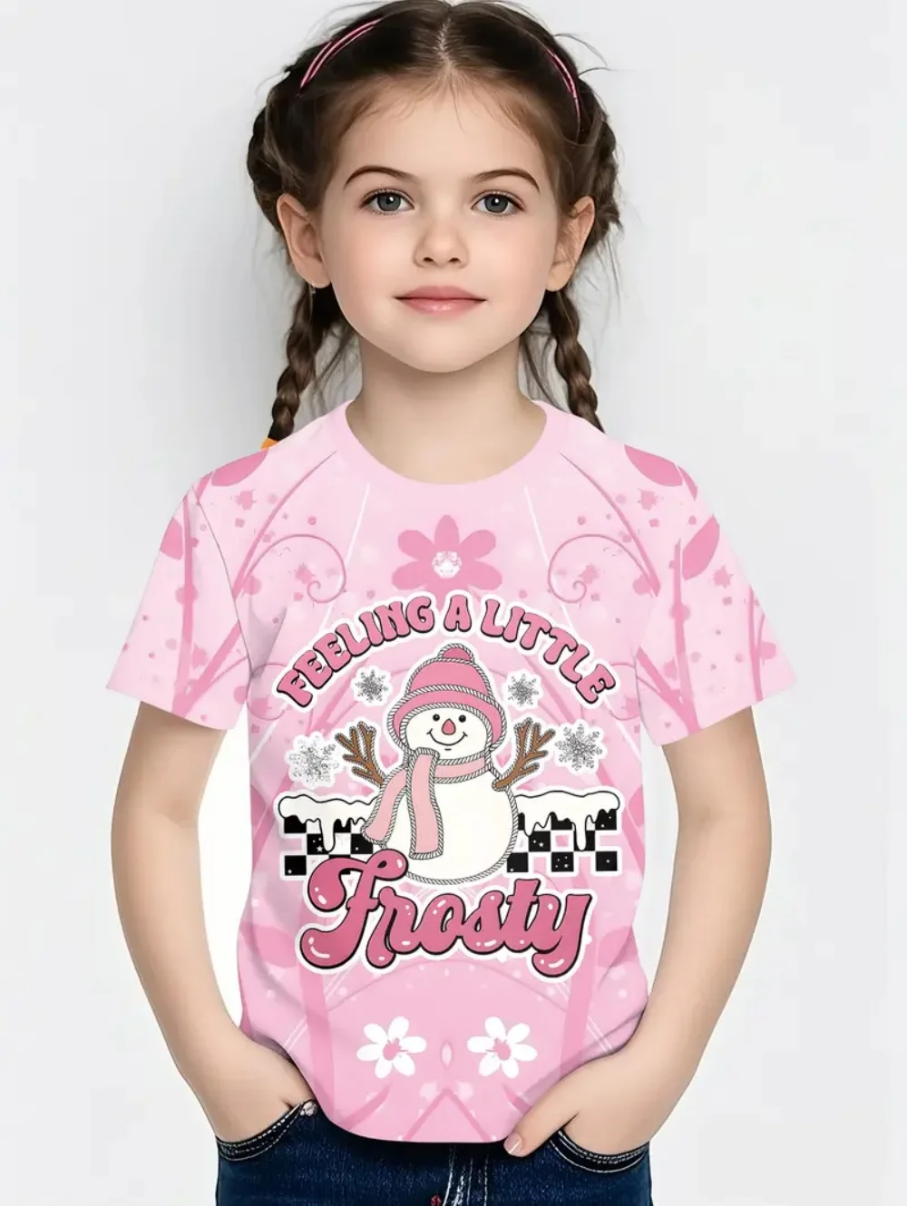 T-Shirts for Girls Snowman 3D Print Girl Short Sleeve T-Shirt Santa Claus Boy Child T-Shirt Fashion Merry Christmas Kids Clothes