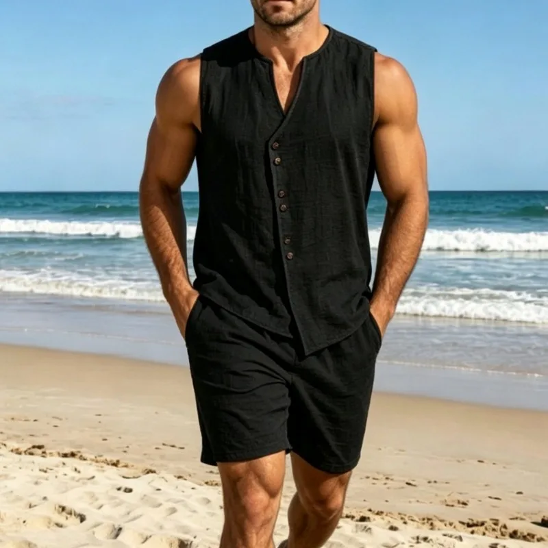 Men Simple Solid Linen Sleeveless Vest Shirt Shorts Set Summer Beach Casual Outfit view 6