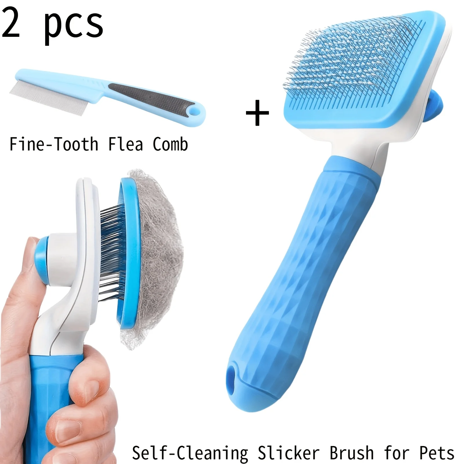 2pcs Pet Grooming Tool Set,Self-Cleaning Slicker Brush and Fine Tooth Flea Removal Comb for Dog Cat Hair Shedding and Detangling