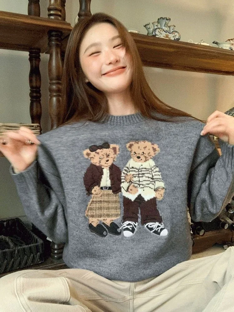 Fashion Cute Bear Pattern Sweaters Pullover Korean Lovely Women Cartoon Jacquard Sweater Loose Retro Jumper Winter Autumn Tops