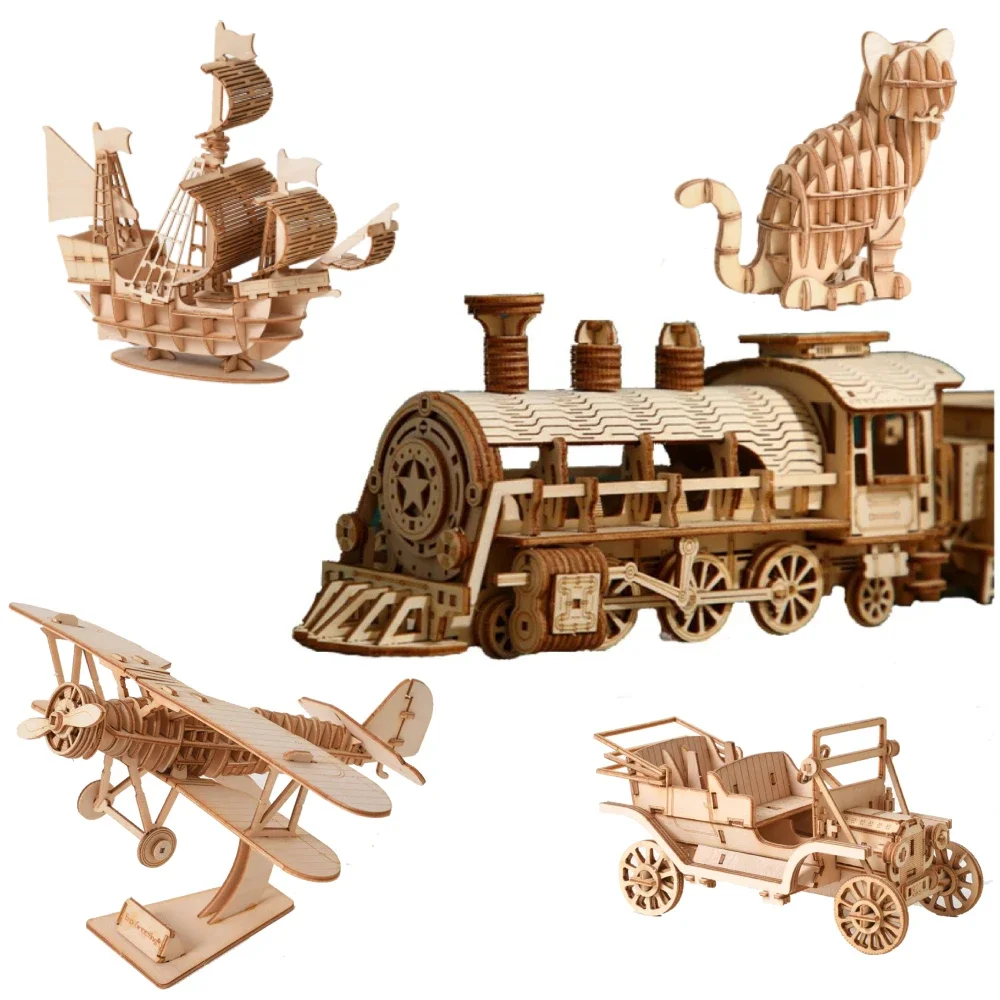 3d Wooden Steam Train Model Toy Kids Building Block Puzzles Linden Assembly Simulation Vehicle Car Ship Plane Cat for Boys Gift