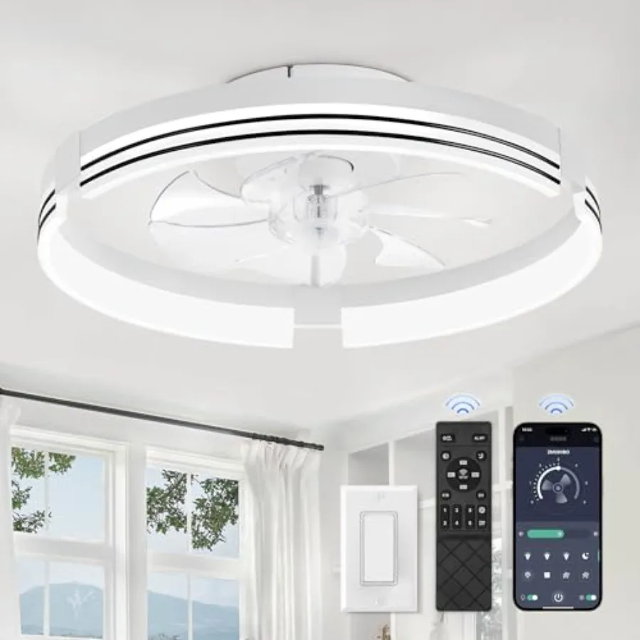 Low Profile Ceiling Fans with Lights and Remote, Flush Mount Ceiling Fan with Light, 3000K-6000K Dimmable Fandelier LED Fan Lig