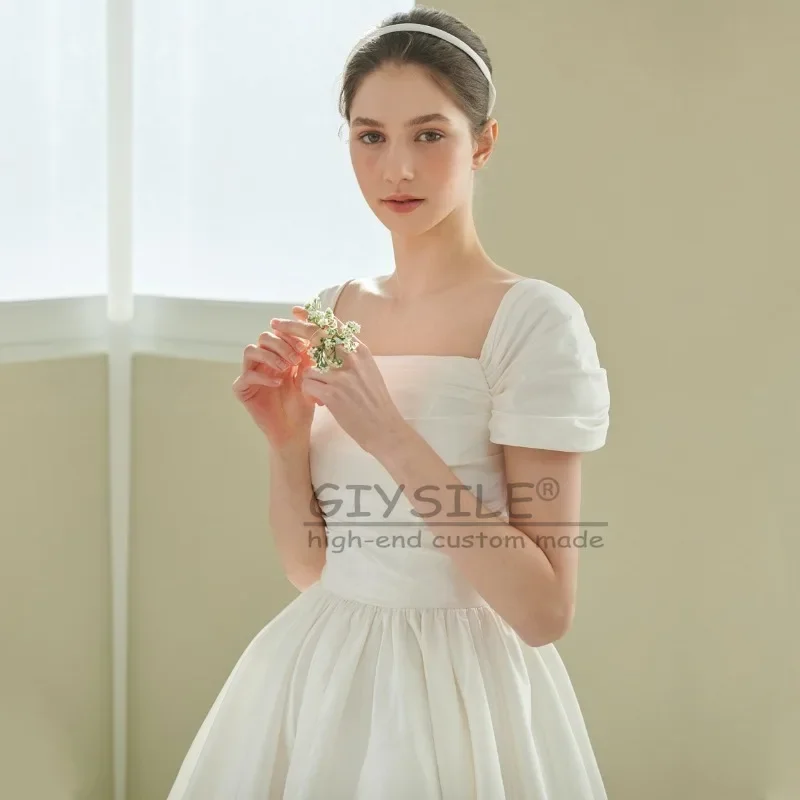 

GIYSILE Customized White Satin Temperament Light Wedding Dress Ivory Retro One-shoulder Simple Strap Back Formal Women Elegant