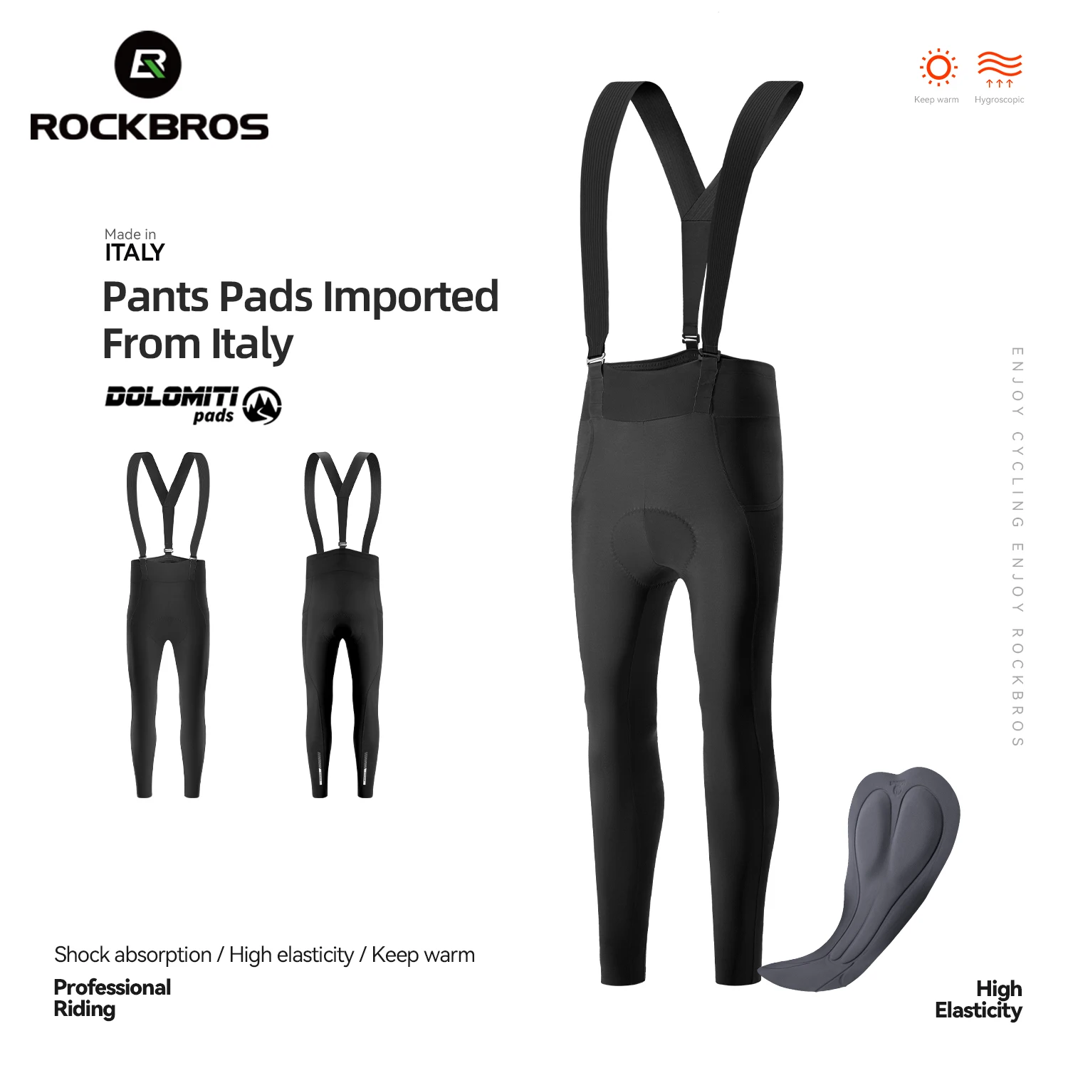 

ROCKBROS Autumn Winter Cycling Bib Pants High Elastic Warm Fleece Detachable Straps Buckle Bib Pants Sponge Pad Cycling Trousers
