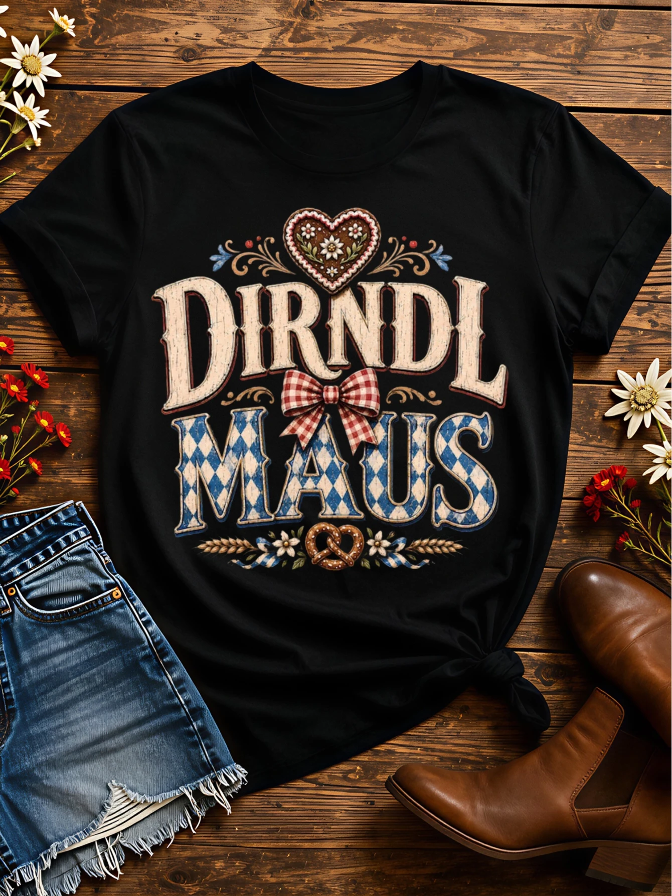 Dirndl Maus Graphic T Shirt Blue White Bavarian Diamond Lettering with Red Gingham Bow Gingerbread Heart Pretzel and Flower Tops