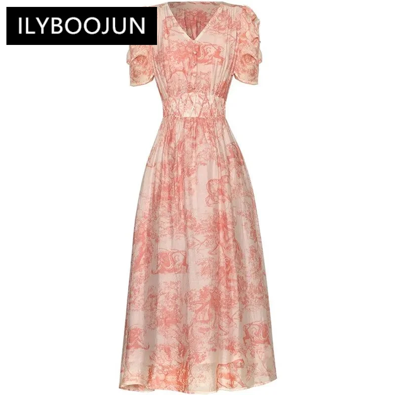 

ILYBOOJUN Spring Summer Women's Dress V-Neck Beading Puff Sleeve High Waiste Lace-UP Print Bohemian Vacation Dresses