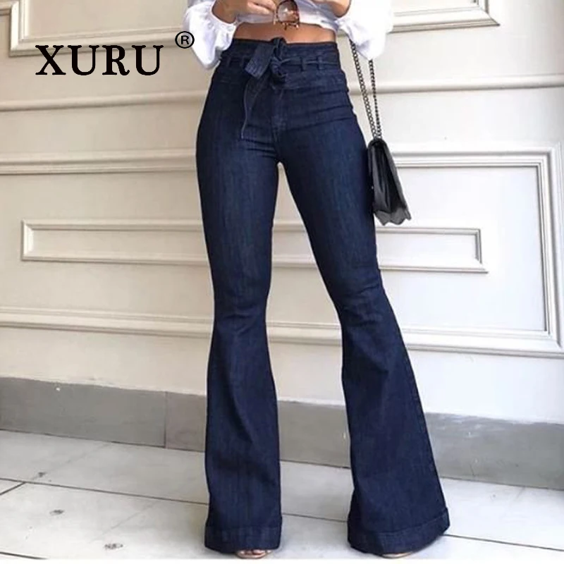 

XURU - New Women's High Waist, Hip Lifting, Strap Up Jeans, Hot Pants, Fashion Bellbottom Pants, Wide Leg Jeans, Pants