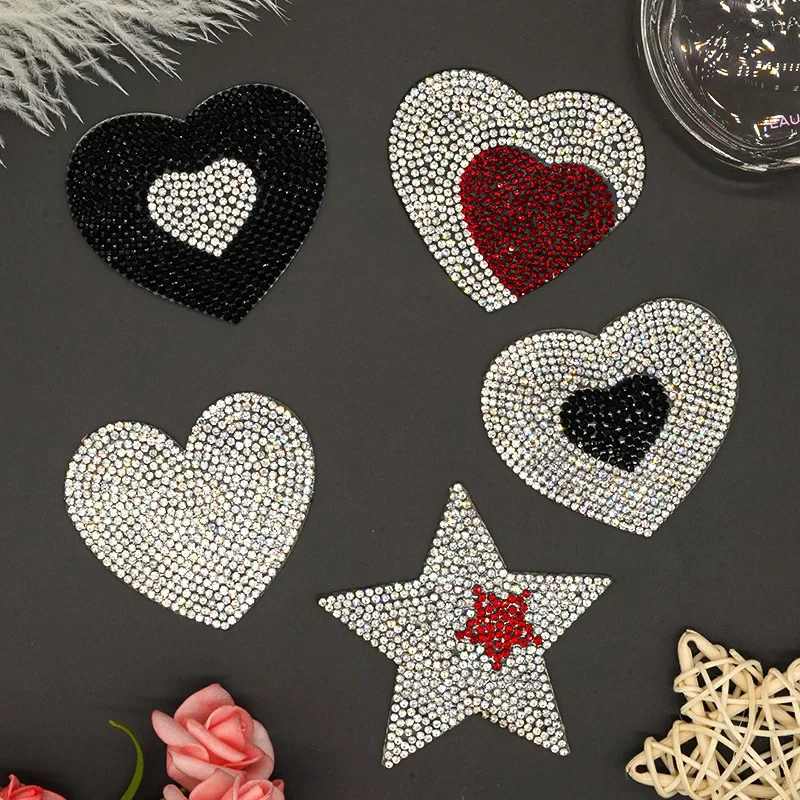 1pcs Rhinestones Heart Diamond Sequin Embroidery Patches For Iron On Transfer Diy Bag Clothes Appliques Badge Stripes Sticker