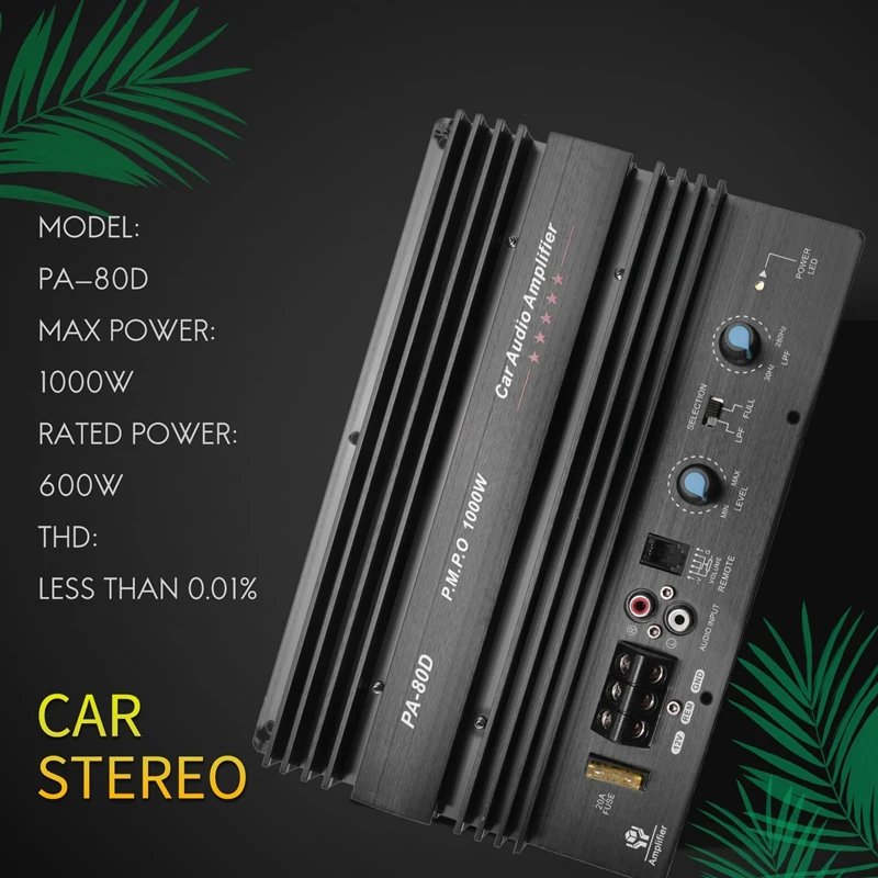 12V 1000W Mono Car Audio Power Amplifier Powerful Bass Subwoofers Amp PA80D